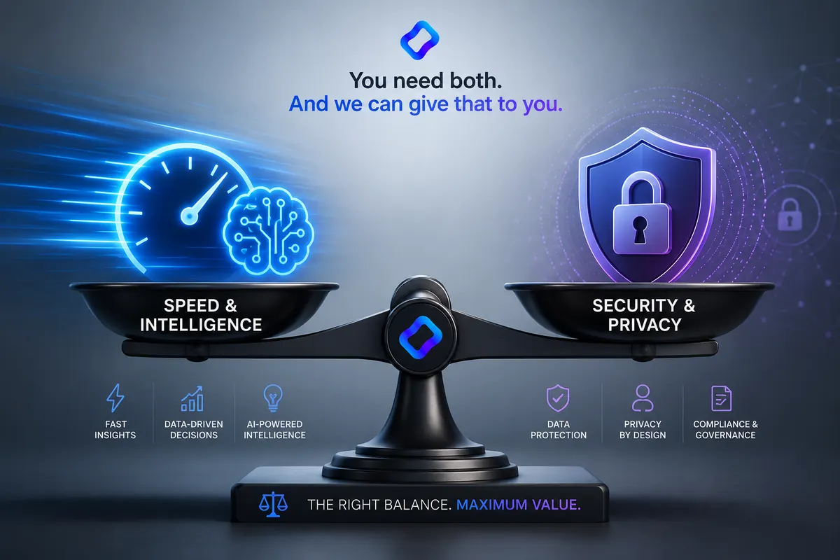 Balance scale weighing Speed & Intelligence against Security & Privacy, with the message: You need both. And we can give that to you.