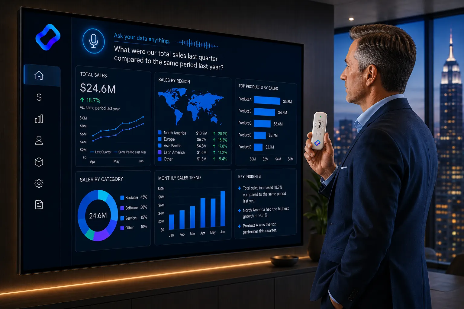 Executive talking to a dashboard via voice — sales analytics responding in real time